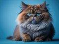 Funny cute Persian cat smile on soft blue studio background. ai generative Royalty Free Stock Photo