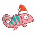 Funny and cute pink green chameleon smiling and wearing Santa`s hat for christmas Royalty Free Stock Photo