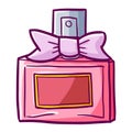 Funny and cute pink perfume with bright purple ribbon - vector.