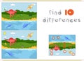 Funny cute pterodactyl, ichthyosaur and spinosaurus. Game for kids: find ten differences