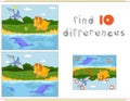 Funny cute pterodactyl, pliosaur and triceratops. Game for kids: find ten differences