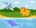 Funny cute pterodactyl, pliosaur and triceratops