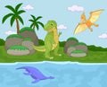 Funny cute pterodactyl, pliosaur and tyrannosaurus. Educational