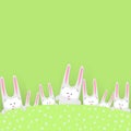 Funny cute rabbits on a green background with flowers Creative drawing doodles character hare bunny a symbol of the Easter holiday