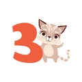 Funny cute raccoon animal and number three, birthday anniversary, learn to count concept cartoon vector Illustration Royalty Free Stock Photo