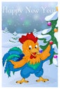 Funny and cute Rooster with Christmas Tree. Merry Christmas and Happy New year card. Christmas card in cartoon style Royalty Free Stock Photo