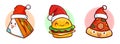 Funny and cute sandwich, hamburger, and pizza character wearing Santa`s hat for Christmas