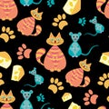 Funny cute seamless pattern with cats,mice,cheese and traces on black background.