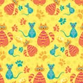 Funny cute seamless pattern with cats,mice,cheese and traces on yellow background.bright