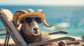 A funny cute sheep with curly wool in sunglasses and a straw hat rests on chaise longue on the shore of the blue sea