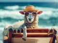A funny cute sheep with curly wool in sunglasses and a straw hat rests on chaise longue on the shore of the blue sea
