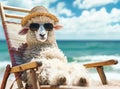 A funny cute sheep with curly wool in sunglasses and a straw hat rests on chaise longue on the shore of the blue sea