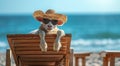 A funny cute sheep with curly wool in sunglasses and a straw hat rests on chaise longue on the shore of the blue sea