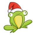 Funny and cute sitting green frog wearing Santa`s hat smiling happily Royalty Free Stock Photo