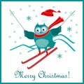 Funny cute skiing owl. New Year and Christmas card.