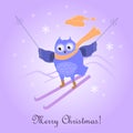 Funny cute skiing owl. New Year and Christmas card