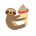 Funny and cute smiling Three-toed sloth with ice cream in waffle cone on white background. Vector