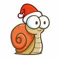 Funny and cute snail with big eyes smiling, and wearing Santa`s hat for christmas