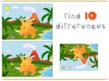 Funny cute styracosaurus on the background of a prehistoric nature. Game for kids: find ten differences