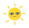 Funny cute sun. Happy smile sun character. Vector hand drawn doodle sunny icon. Royalty Free Stock Photo