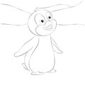 Funny and cute surprised outline little penguin in simple cartoon style. Page for art coloring book for kids. Vector