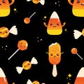 Funny and cute sweets, candy corn, ice cream, lollipop characters vector seamless pattern background for Halloween Royalty Free Stock Photo