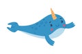 Funny cute swimming baby narwhal. Sea mammal animal cartoon character vector illustration Royalty Free Stock Photo