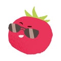 Funny cute tomato character in sunglasses. Happy cool vegetable in summer sun glasses smiling. Amusing comic food, macho