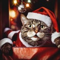 Funny cute tomcat poses in a Santa Claus outfit and hat sticking out of a gift bag