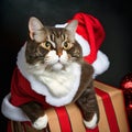 Funny cute tomcat poses in a Santa Claus outfit and hat sticking out of a gift bag
