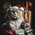 Funny cute tomcat poses in a Santa Claus outfit and hat sticking out of a gift bag