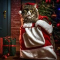 Funny cute tomcat poses in a Santa Claus outfit and hat sticking out of a gift bag