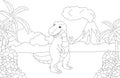 Funny cute tyrannosaurus on the background of a prehistoric nature. Educational game for kids. Coloring book