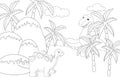 Funny cute tyrannosaurus on the background of a prehistoric nature. Educational game for kids. Coloring book