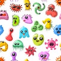 Funny and cute virus, bacteria, germ cartoon characters seamless pattern. Microbe and pathogen microorganism background.