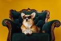 Funny cute Welsh Corgi Pembroke in eyeglasses lying on royal chair on yellow studio background. Most popular breed of Dog Royalty Free Stock Photo