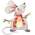 Funny cute xmas mouse watercolor Royalty Free Stock Photo
