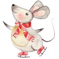 Funny cute xmas mouse watercolor Royalty Free Stock Photo