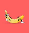 Funny cute yellow banana, dude pumps press isolated over coral background. Drawn fruit in a cartoon style. Vitamins Royalty Free Stock Photo