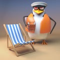 Funny 3d cartoon captain penguin the sailor relaxes at the beach with deck chair and pint of beer, 3d illustration