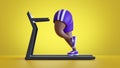 Funny 3d cartoon character corpulent african legs run on treadmill, wear violet shorts, isolated on yellow background. Weight loss