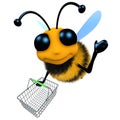 Funny 3d cartoon honey bee character flying with a shopping basket