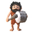 Funny 3d cartoon prehistoric caveman character playing a bass drum with his club, 3d illustration