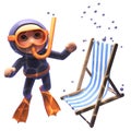 Funny 3d cartoon of a scuba snorkel diver looking at a deck chair sinking underwater, 3d illustration