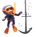 Funny 3d cartoon snorkel scuba diver watching an anchor sink to the ocean floor, 3d illustration