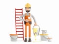 Funny 3d character worker or engineer with buckets of paint. Builder painter plasterer cartoon character, 3d Rendering