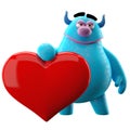 Funny 3D monster, funny love mascot with a heart