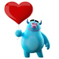 Funny 3D monster, funny love mascot with a heart