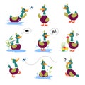 Funny Dabbling Duck Character Engaged in Different Activity Vector Set