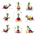 Funny Dabbling Duck Character Engaged in Different Activity Vector Set